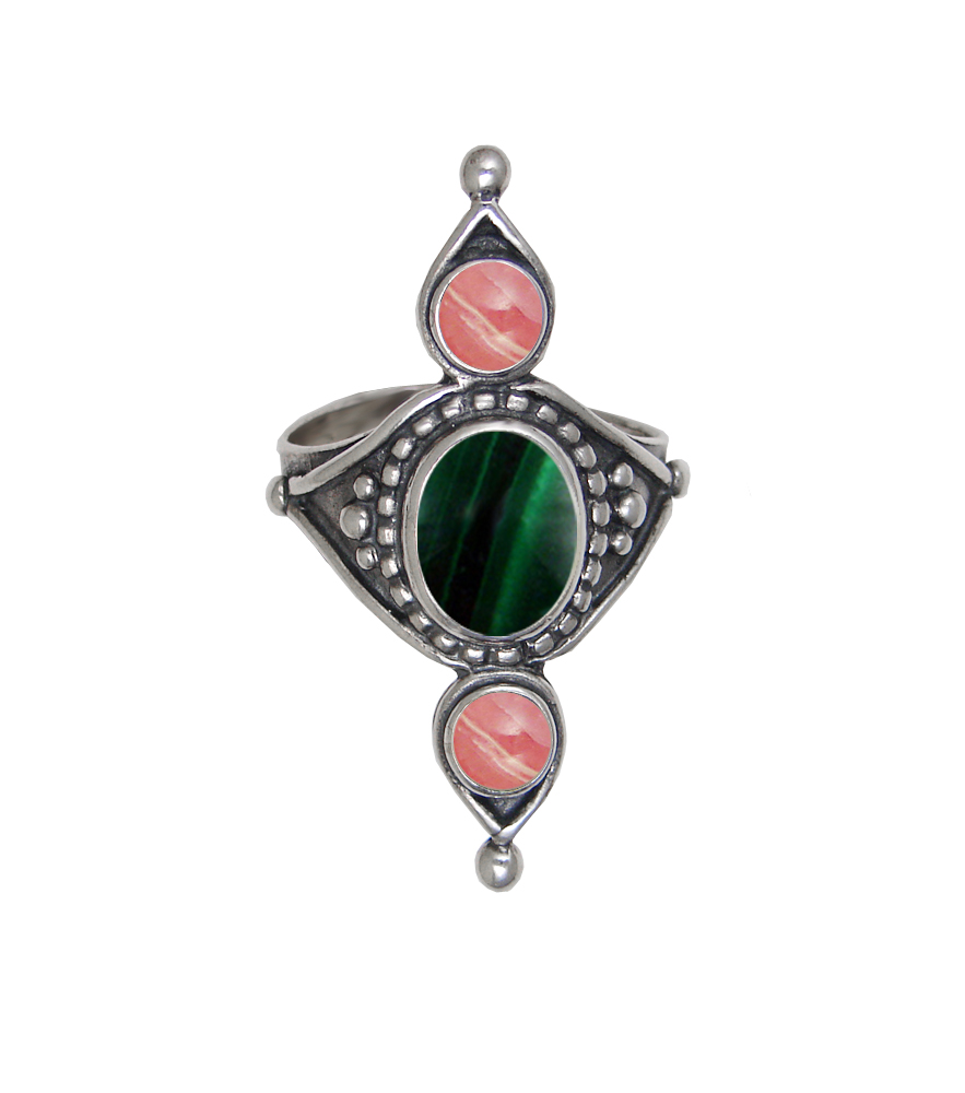 Sterling Silver Royal Ring With Malachite And Rhodocrosite Size 10